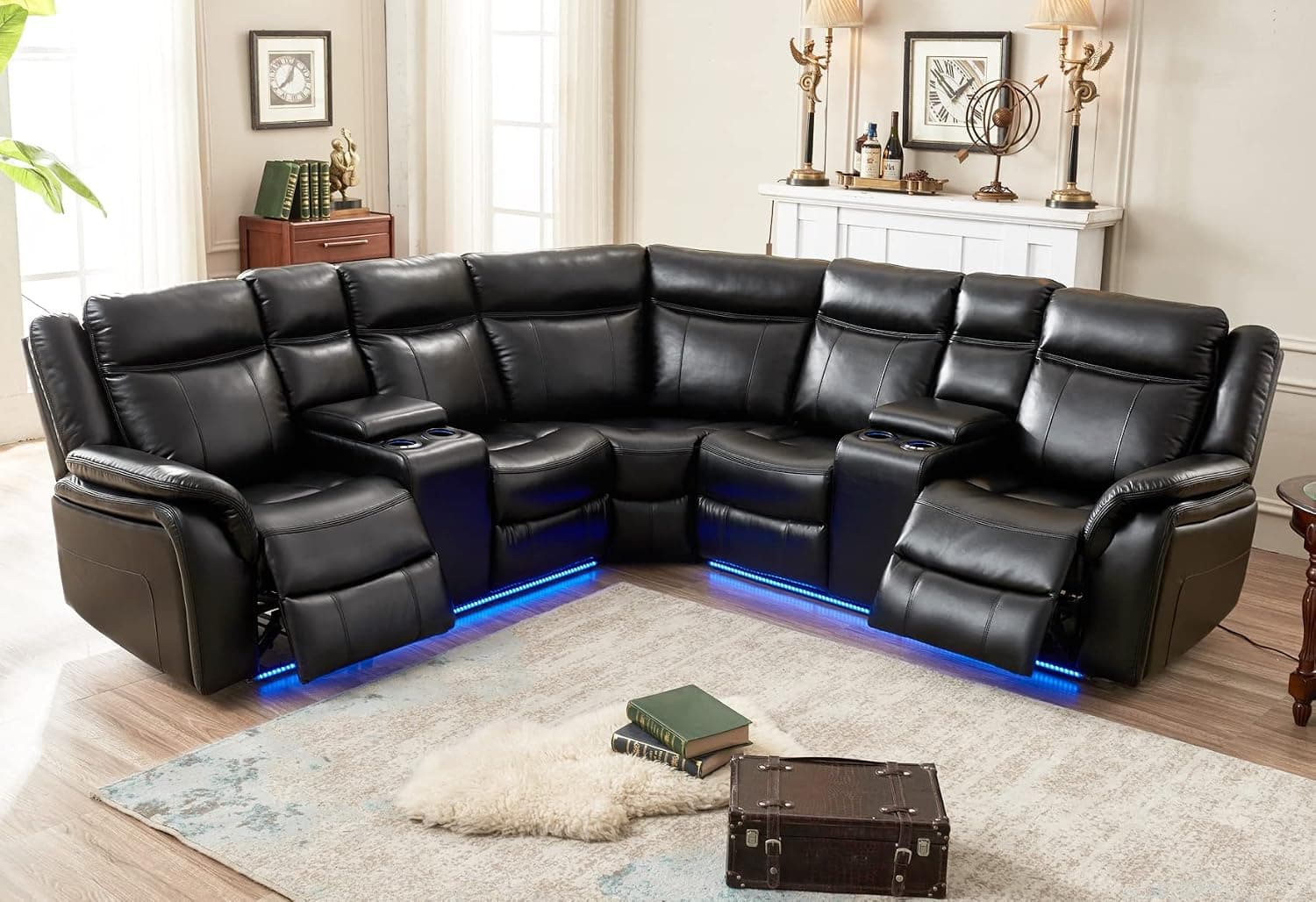 Comfort Stretch Sectional Recliner Sofa Set with LED Lights Power Reclining Couch Faux Leather Consoles Storage Boxes USB Port Cup Holders Home Theater Seating Black