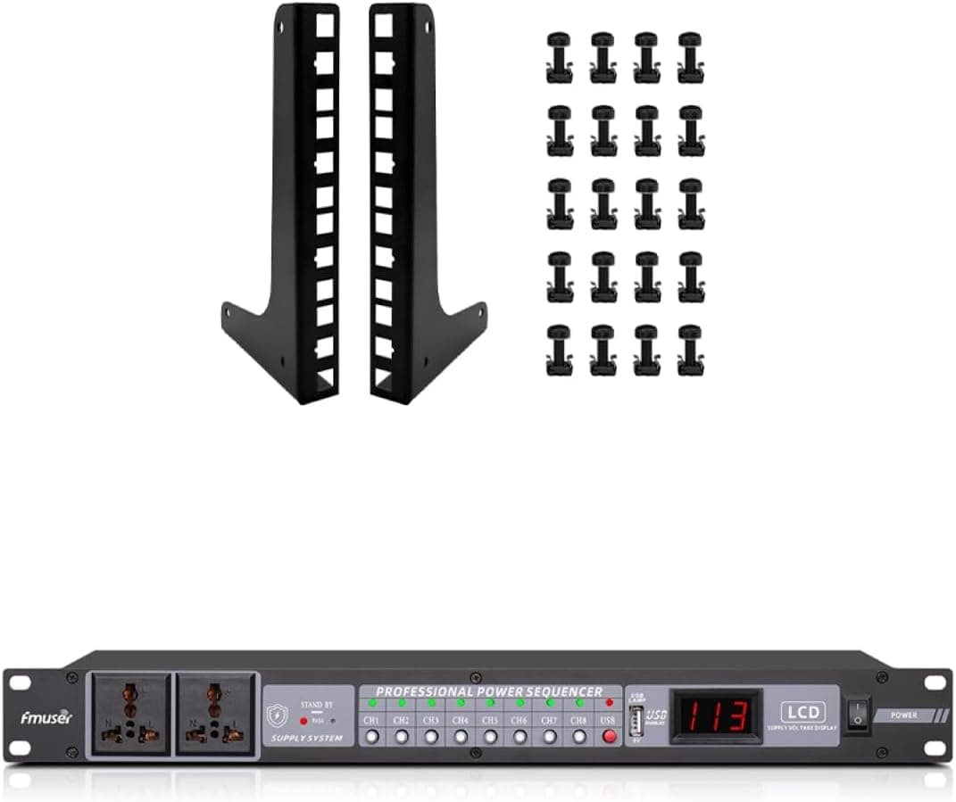 FMUSER 10-Outlet Power Sequencer Conditioner and 4U Vertical Wall Mount Rack Rails Bundle